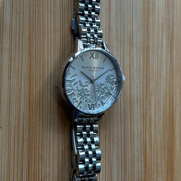 Olivia Burton All Silver Bejewelled Watch With 34mm Lace Detail Floral Face. - Picture 7 of 10